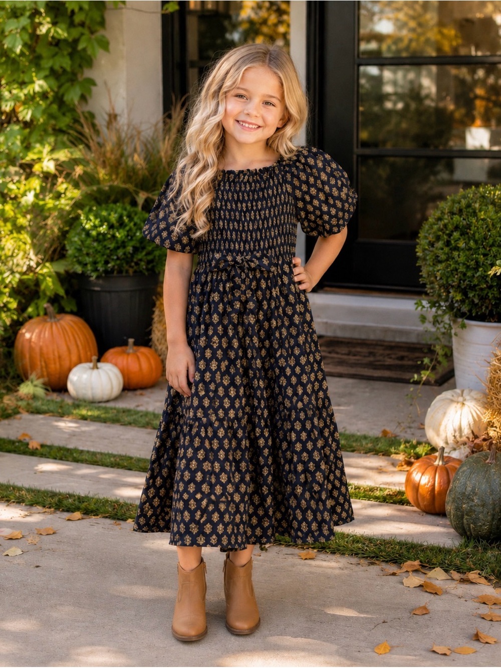 Fall Smocked Puff-Sleeve Black & Gold Patterned Kids %100 Cotton Dress